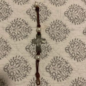 Leather & Pearl cross bracelet
